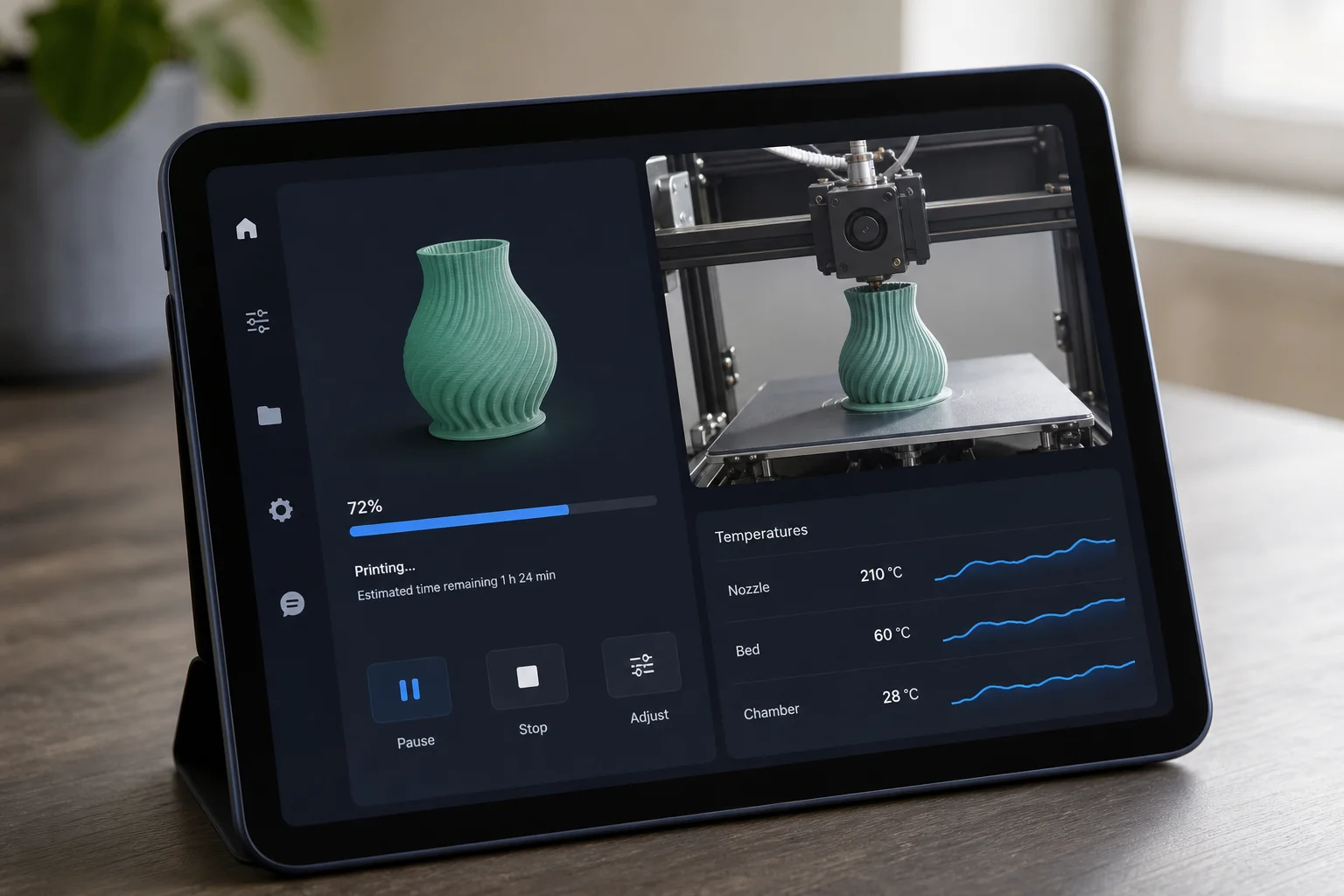 3Dプリンターの制御インターフェースとステータス表示を示すタブレット画面