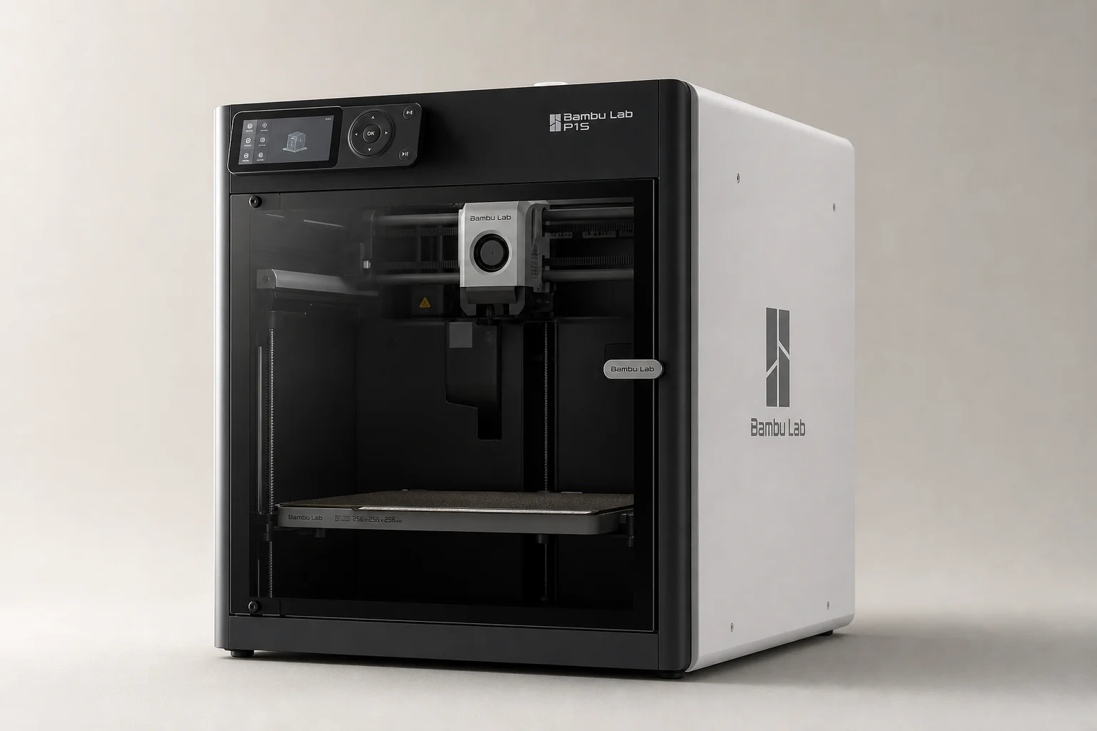 Bambu Lab P1S 3D printer on neutral backdrop with studio lighting