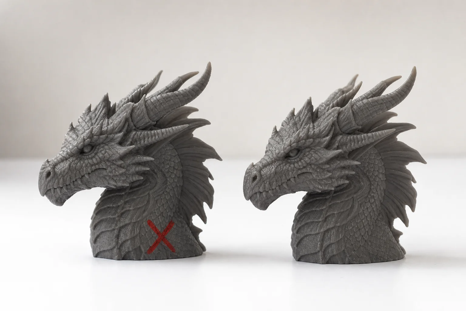 細部や仕上がりが完全に一致している、3Dプリントされたヨーダの胸像2体