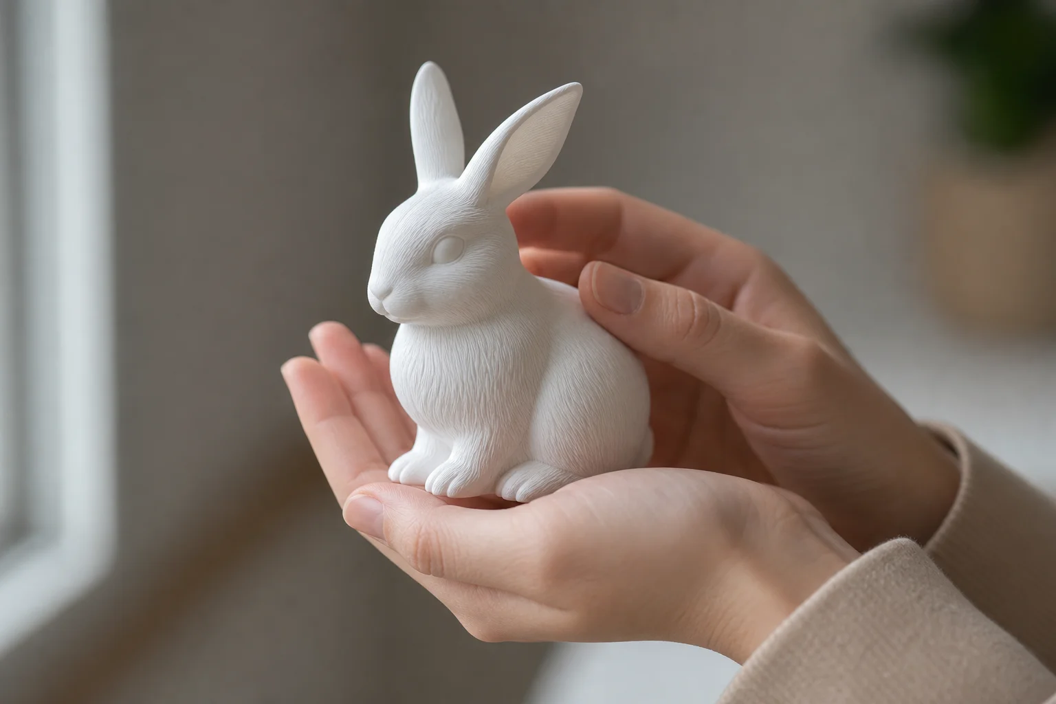 滑らかな表面仕上げのミニマルな3Dプリント製ウサギモデルを持つ手