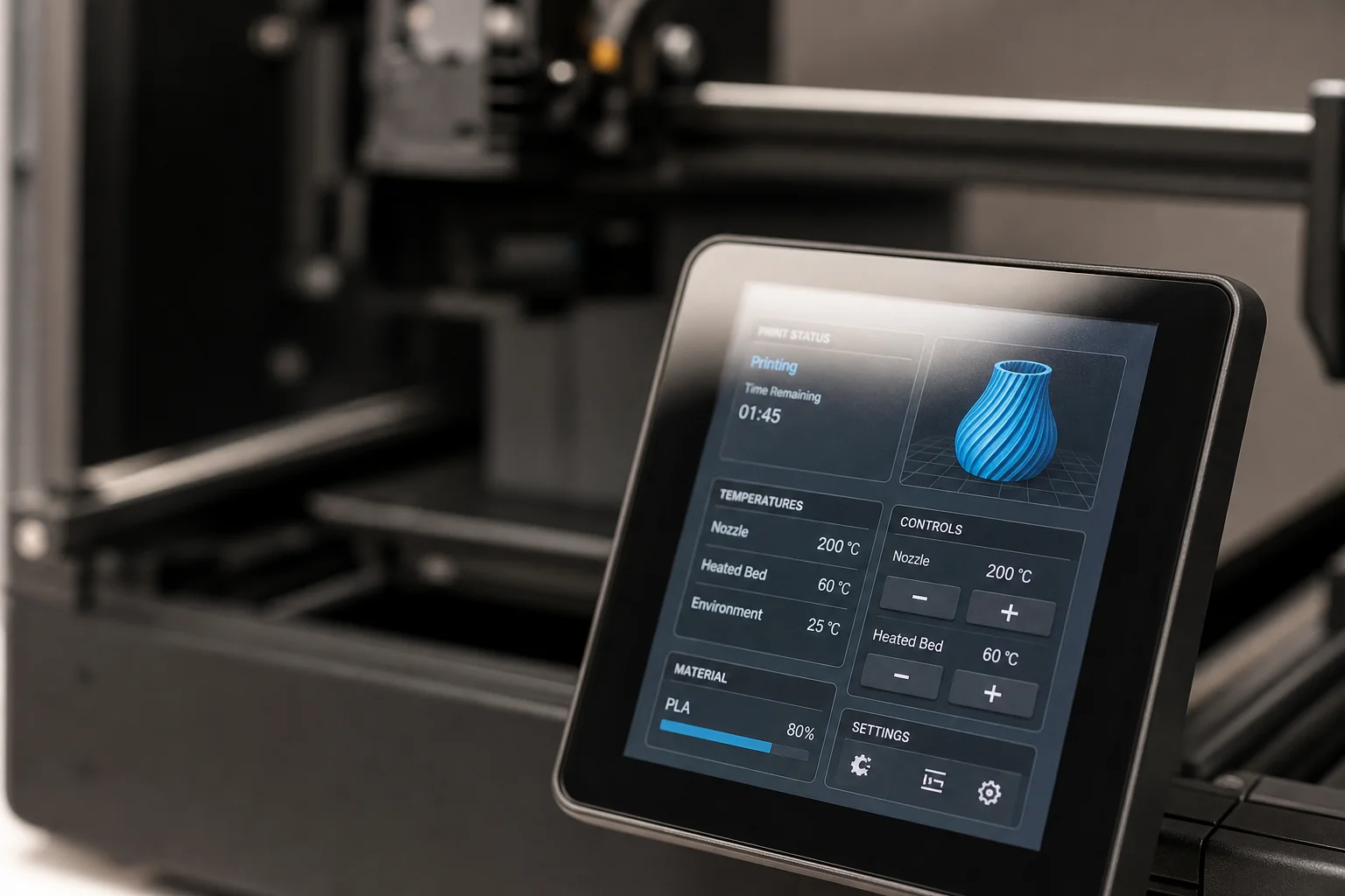 印刷設定とステータスを表示するBambu Lab 3Dプリンターのコントロール画面