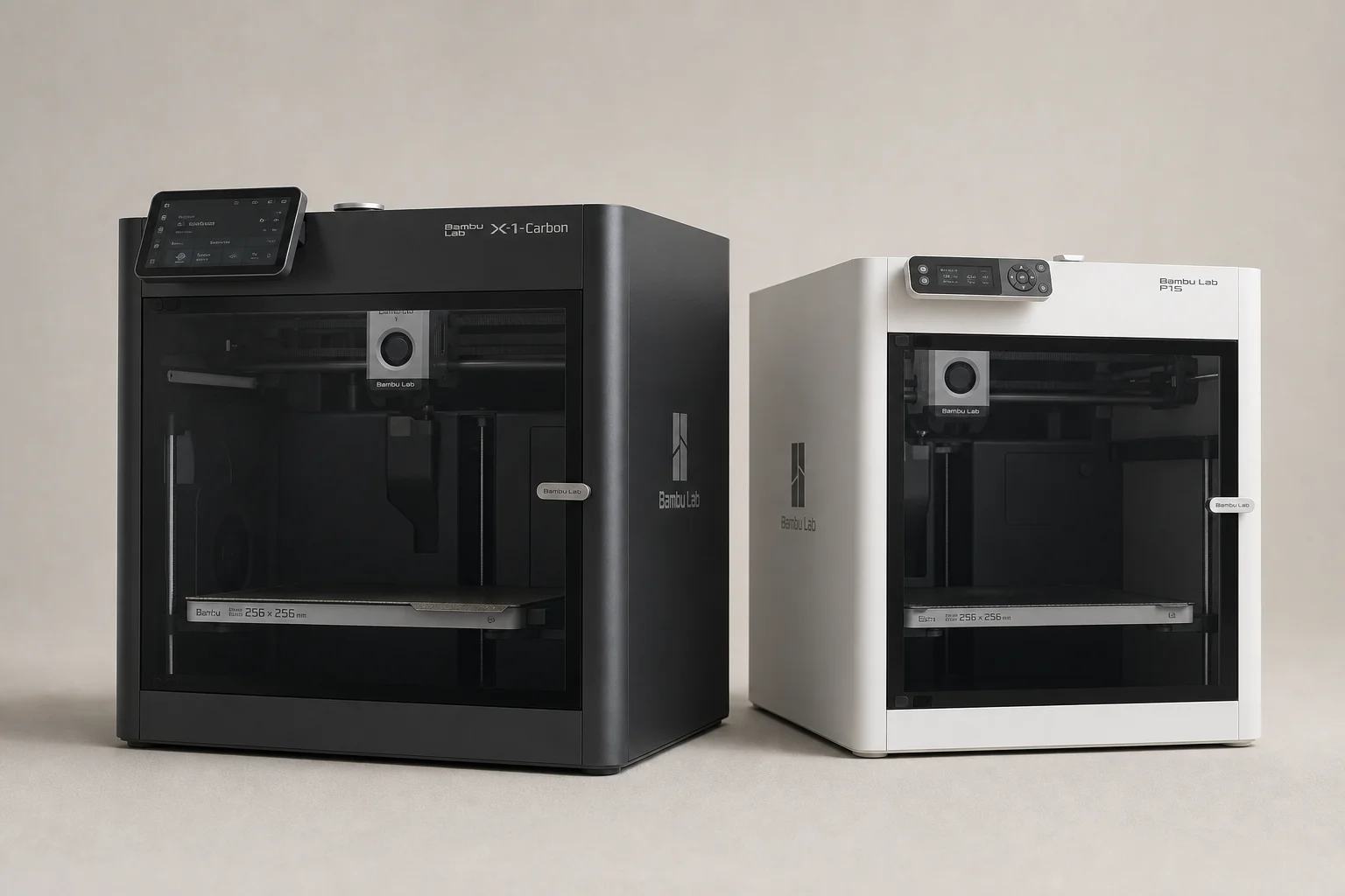 Bambu Lab X1 Carbon and P1S 3D printers side by side on neutral backdrop