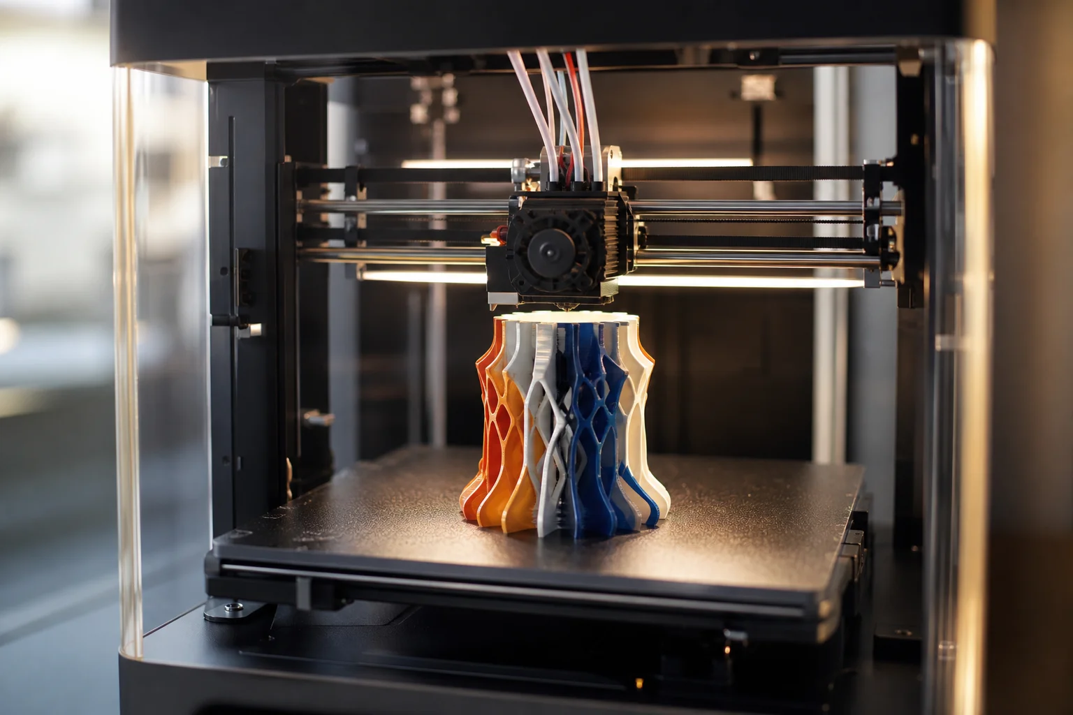 3D-Drucker mit transparentem Gehäuse, der ein mehrfarbiges Druckobjekt während des Vorgangs zeigt