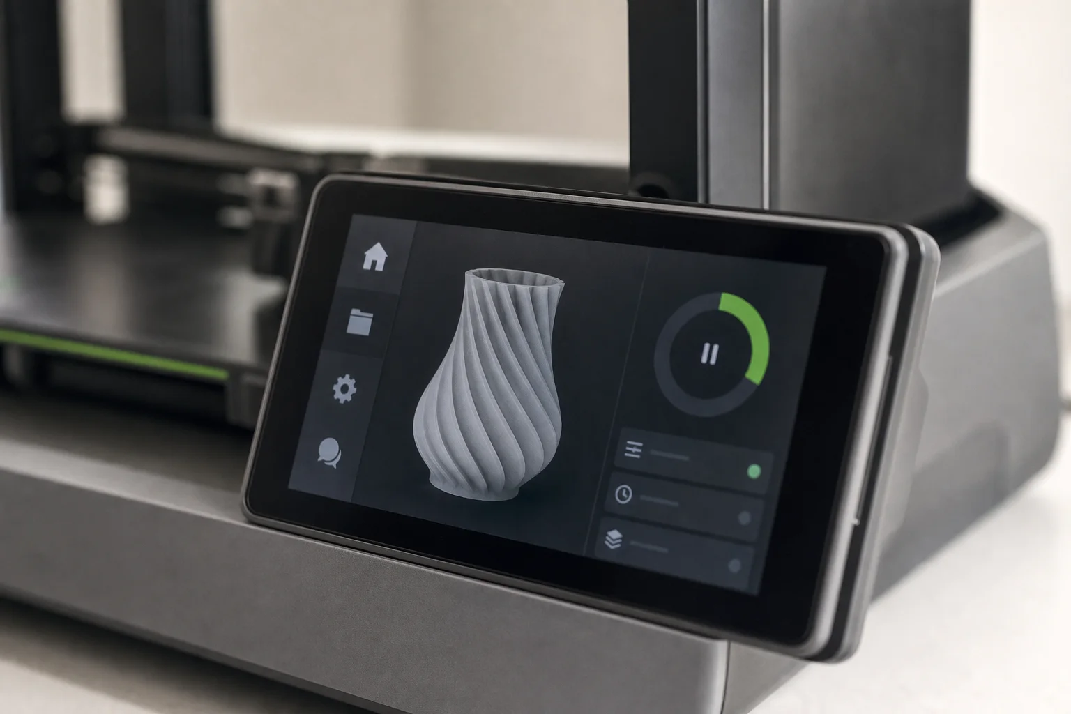 Nahaufnahme der Fünf-Zoll-Touchscreen-Schnittstelle auf einem Bedienfeld eines 3D-Druckers