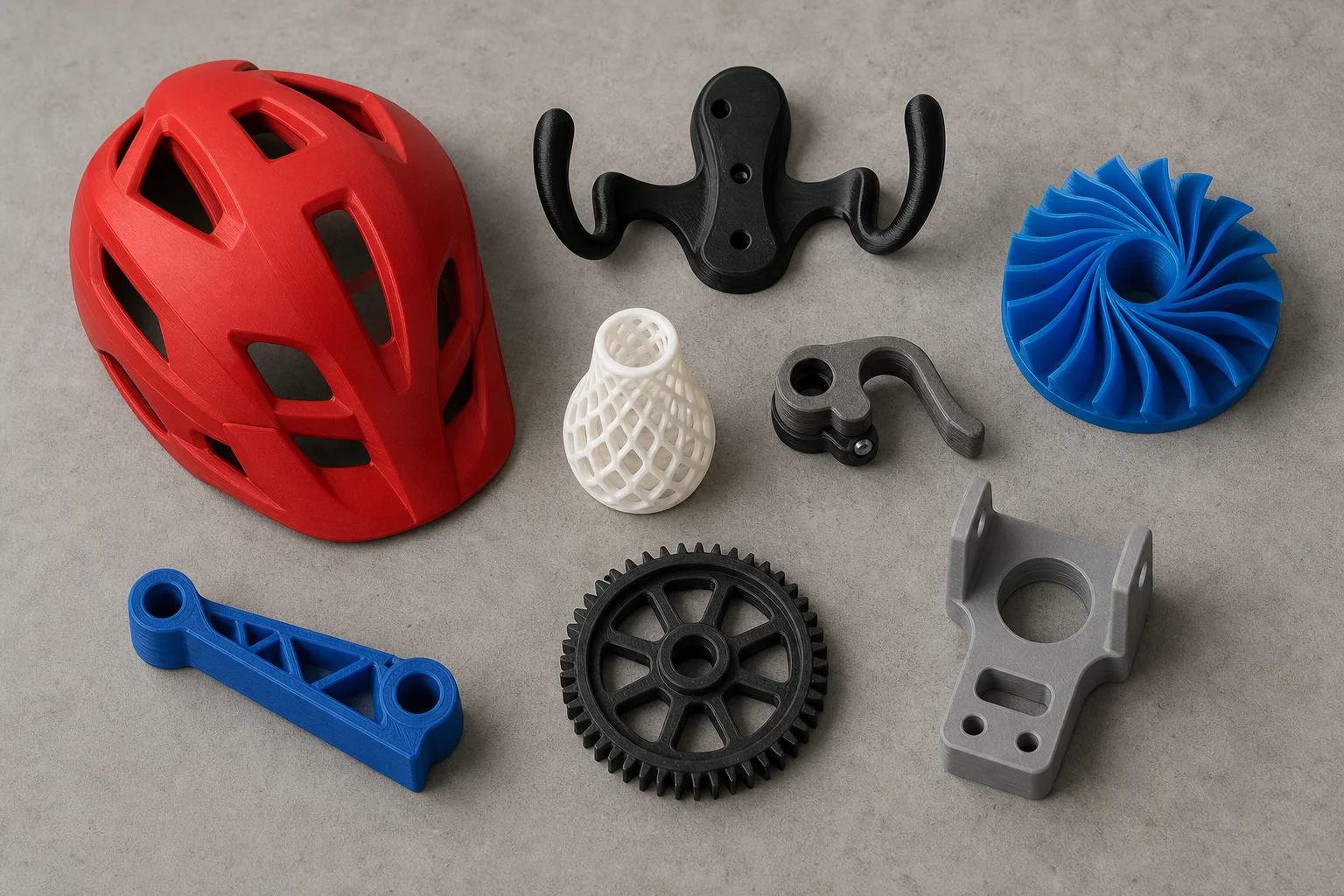 Fertige 3D-Druckteile in verschiedenen Farben und Materialien auf einer Oberfläche präsentiert
