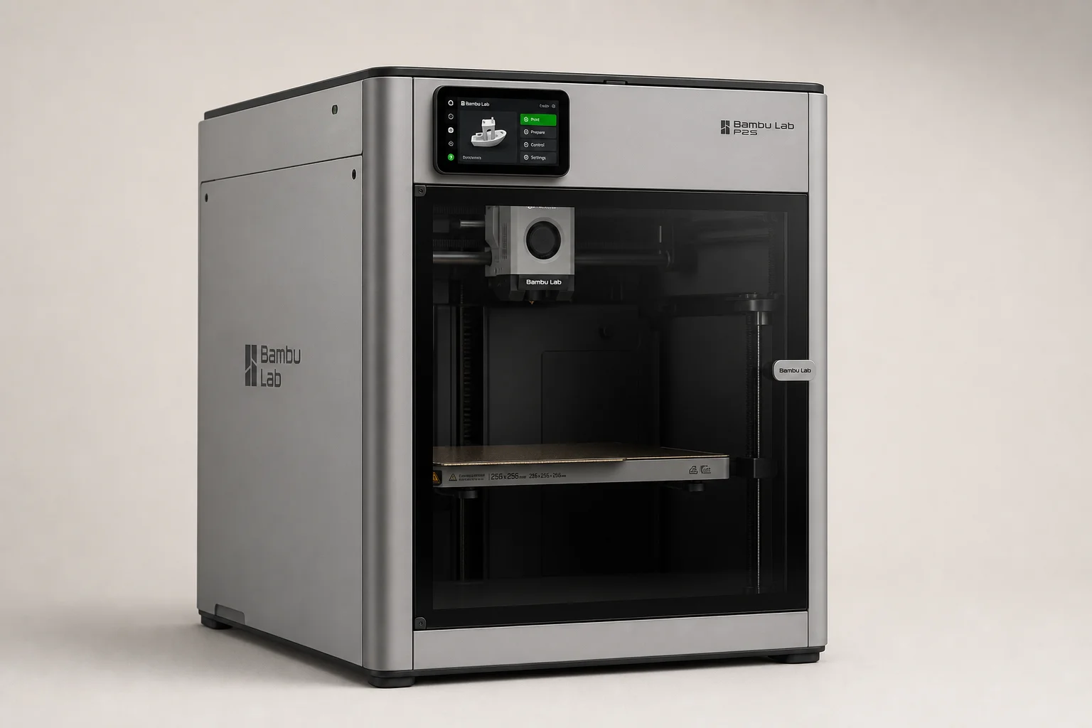 Bambu Lab P2S 3D printer with five-inch touchscreen and transparent build chamber