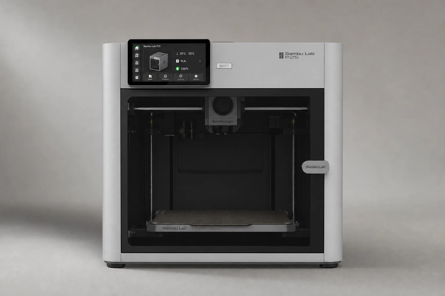 Bambu Lab P2S 3D-Drucker mit fünf Zoll großem Touchscreen und transparenter Druckkammer
