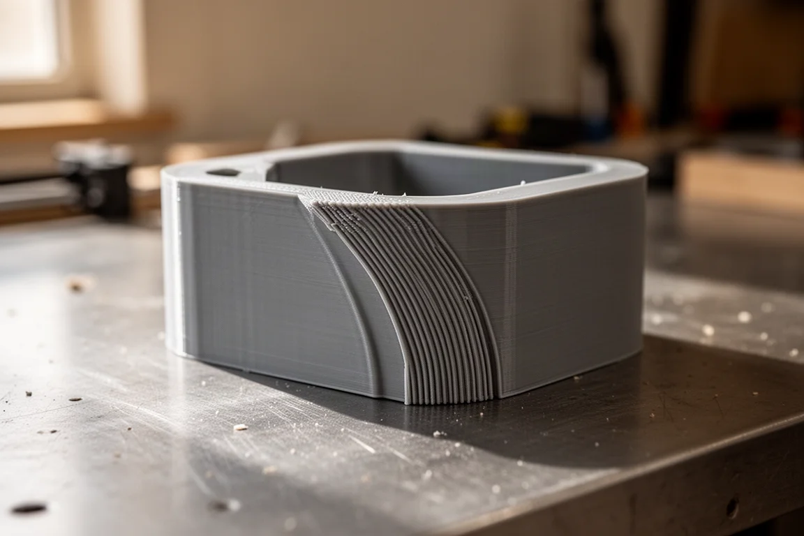 Nahaufnahme eines frisch fertigen 3D-gedruckten Bauteils mit sauberen Schichtlinien