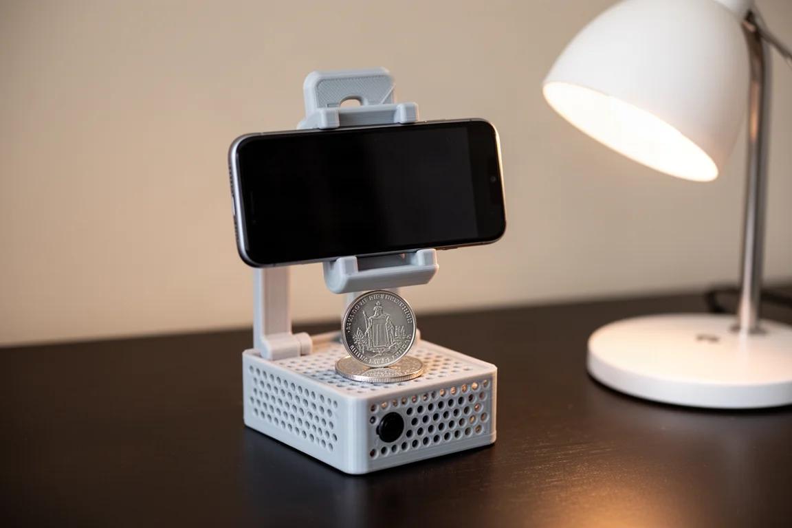Übliches Makrofotografie-Setup mit einem Smartphone über einer silbernen Sammlermünze