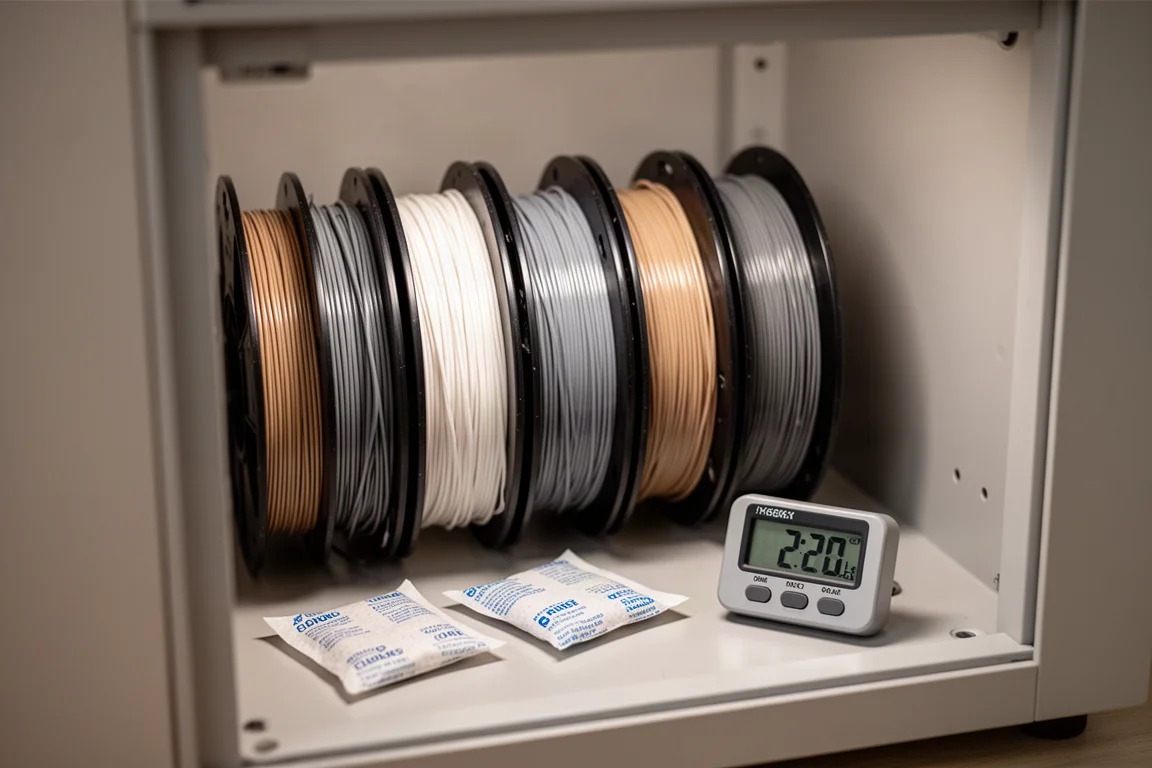 Spulen mit 3D-Druck-Filament, trocken gelagert in einer feuchtigkeitsgeregelten Box