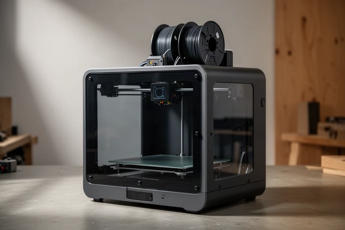 Bambu Lab X1 Carbon enclosed 3D printer on a concrete workshop surface