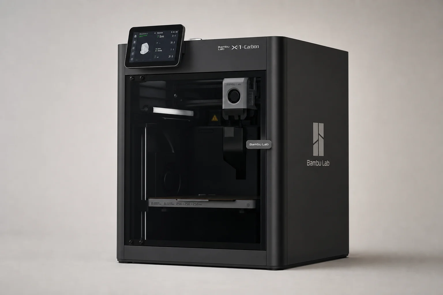 Les imprimantes 3D Bambu Lab X1 Carbon et P1S côte à côte sur un fond neutre