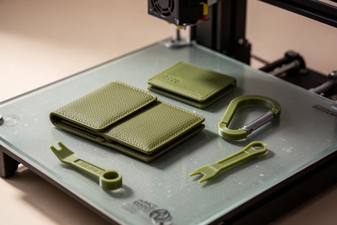 Artículos EDC recién impresos siendo retirados de la plataforma de una impresora 3D