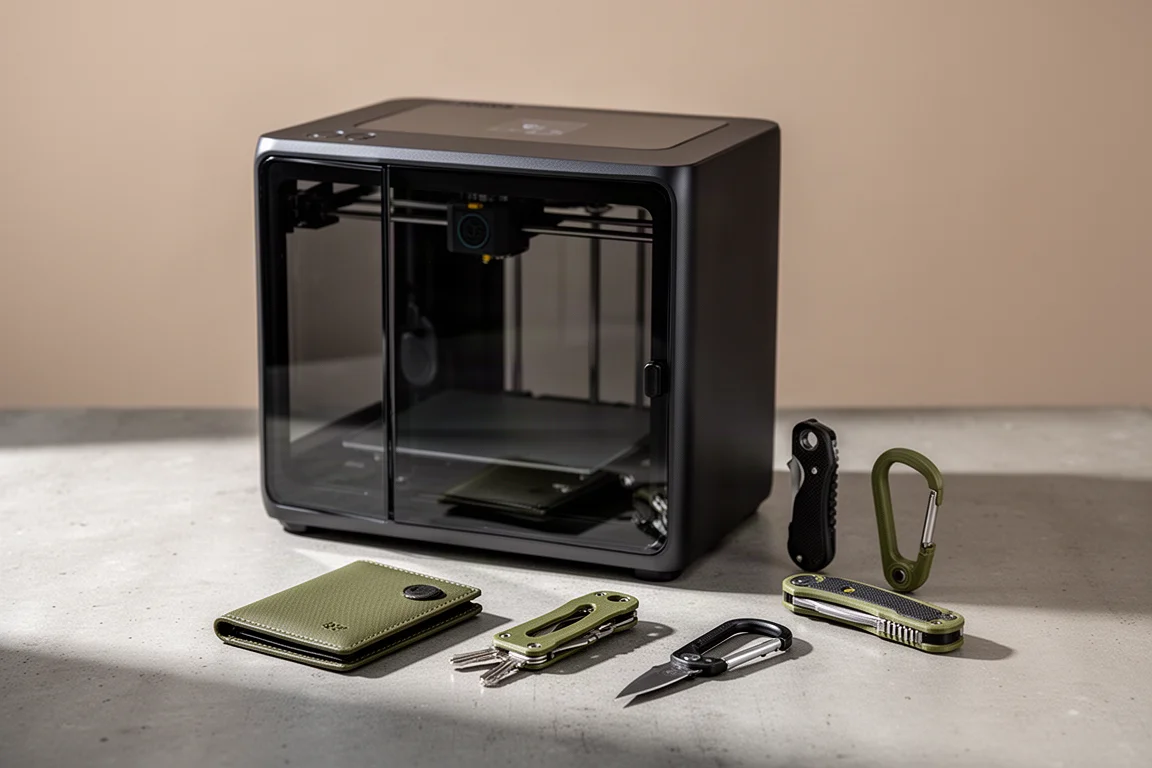 Enclosed 3D printer beside finished printed EDC items on concrete