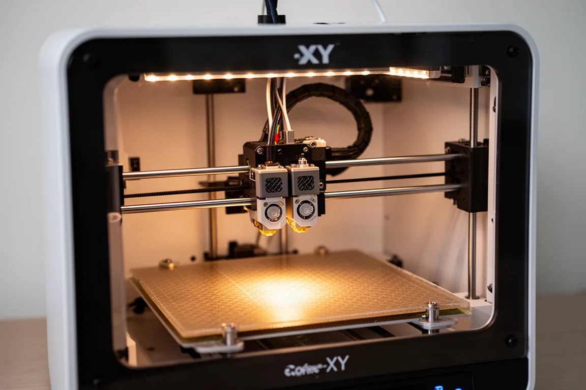 Interno luminoso della camera chiusa di una stampante 3D con bicingolo doppio visibile