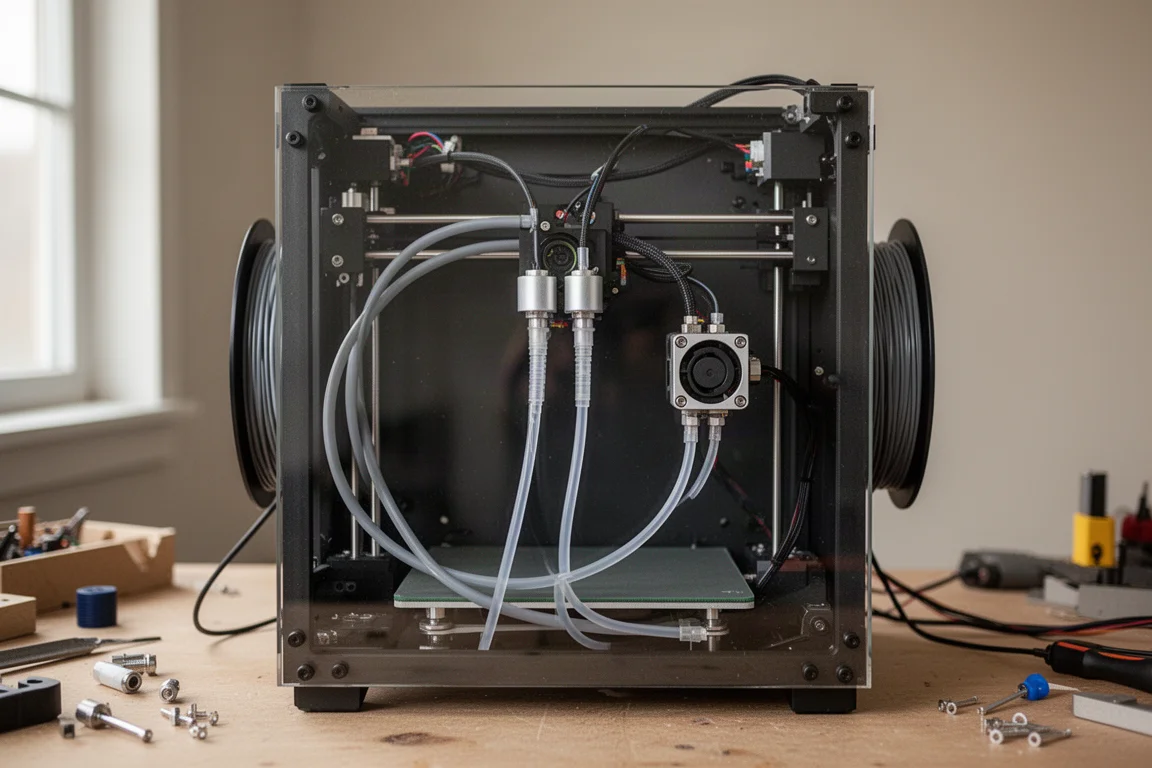 Pannello posteriore di una stampante 3D con tubi Bowden e instradamento dei buffer visibili