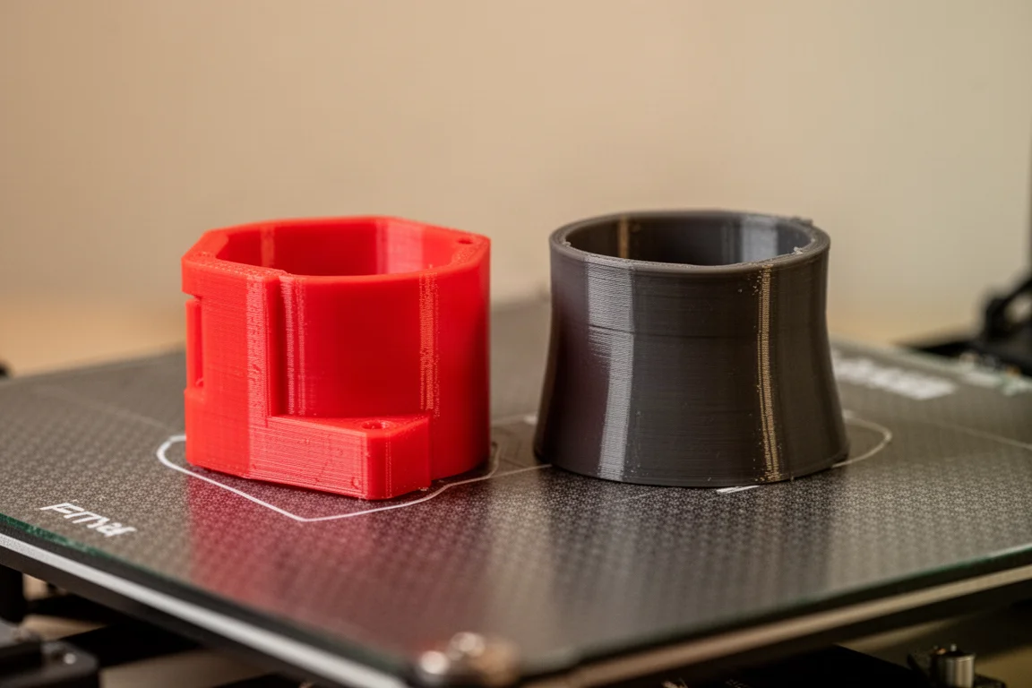 Due pezzi di prova stampati in 3D con superfici pulite appoggiati su una piastra di stampa