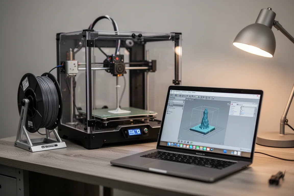 Scrivania di un laboratorio con stampante 3D, portabobina e configurazione software su un laptop