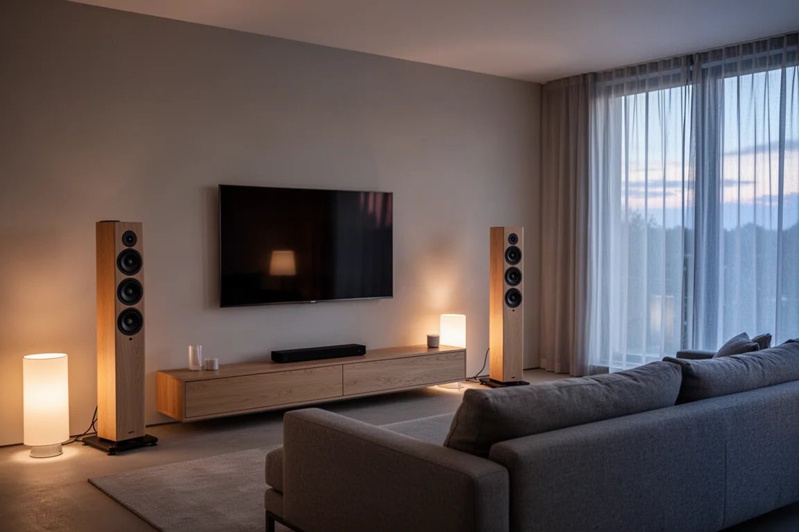 Duas caixas acústicas altas ladeando uma televisão em uma sala de estar moderna e tranquila ao anoitecer