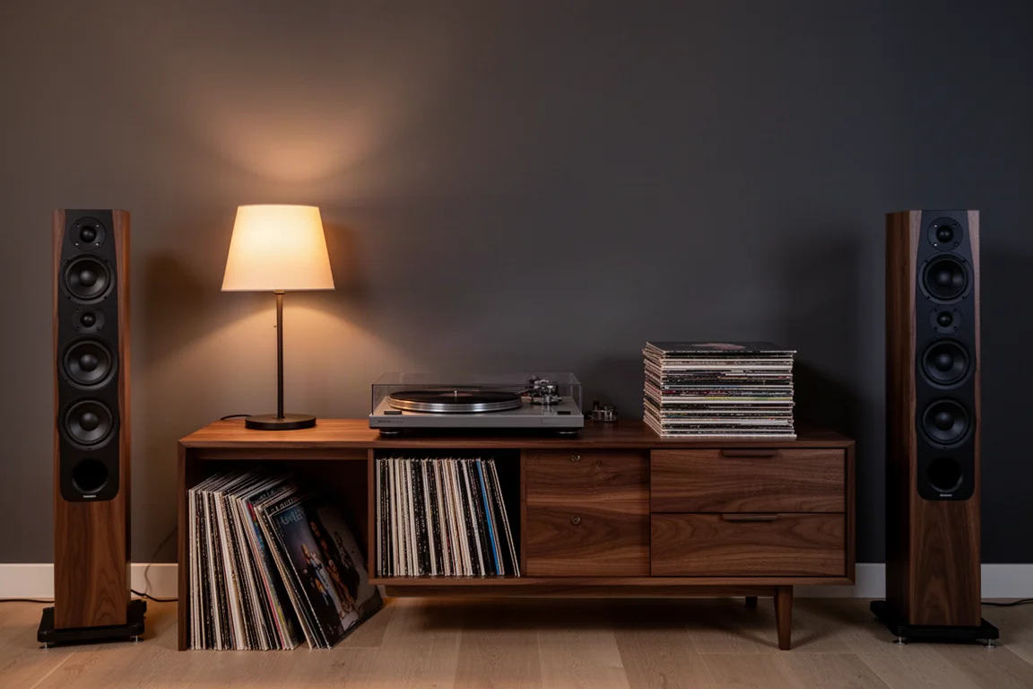 Sala de audição à noite com toca-discos, discos e caixas acústicas altas