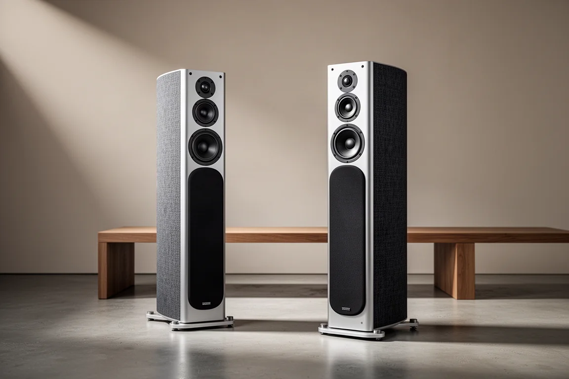 Pair of tall slender active loudspeakers in a minimal living room with a wooden bench
