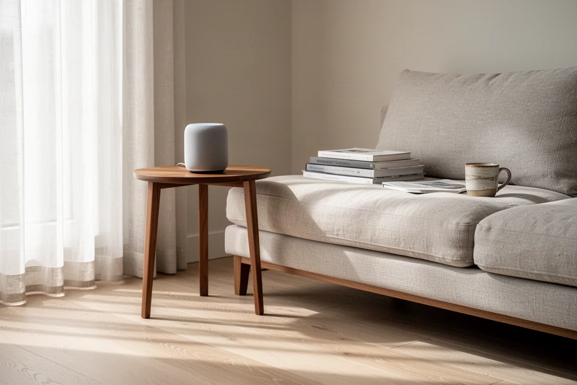 Enceinte compacte posée sur une table d'appoint en bois dans un coin de salon baigné de soleil