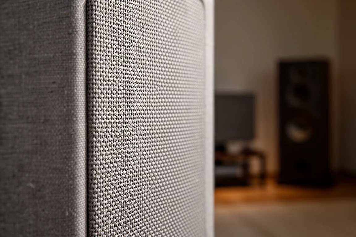 Gros plan sur une grille d'enceinte en tissu tissé éclairée par une lumière rasante