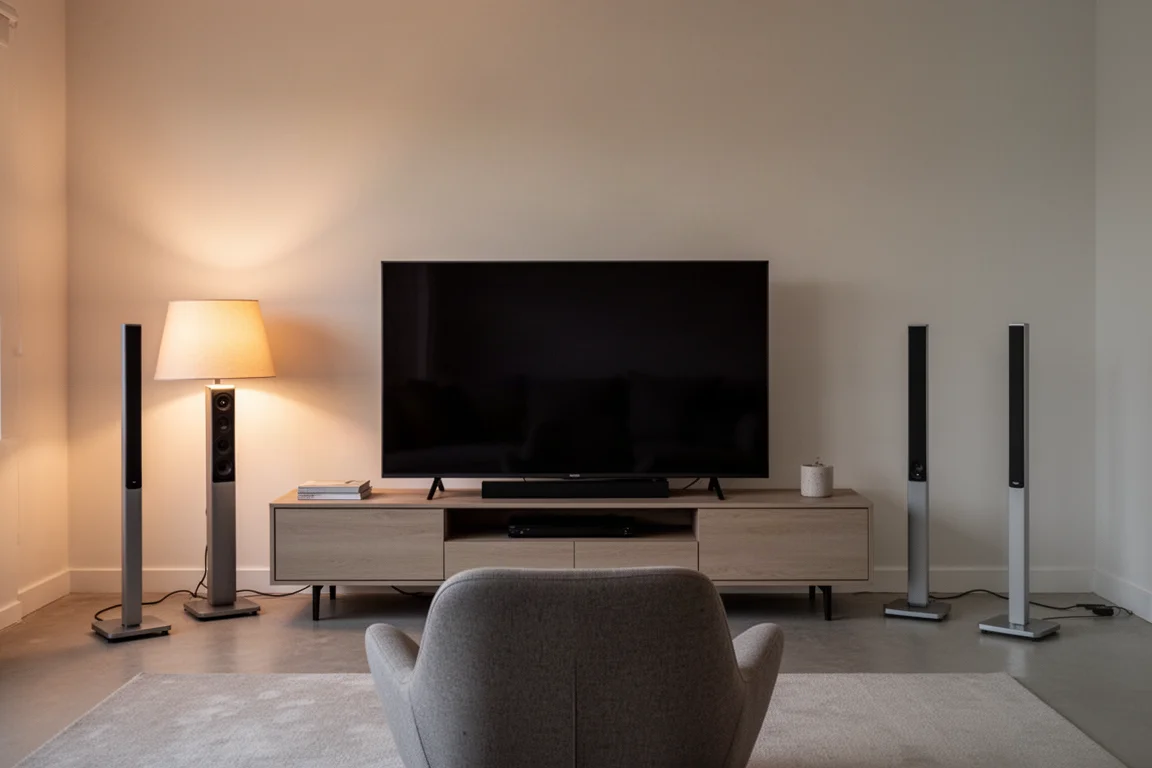 Salon avec un téléviseur entouré d'enceintes colonnes fines