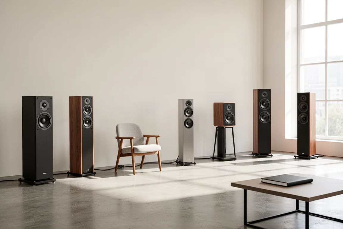 Auditorium audio lumineux avec des enceintes alignées le long d'un mur dans une lumière douce