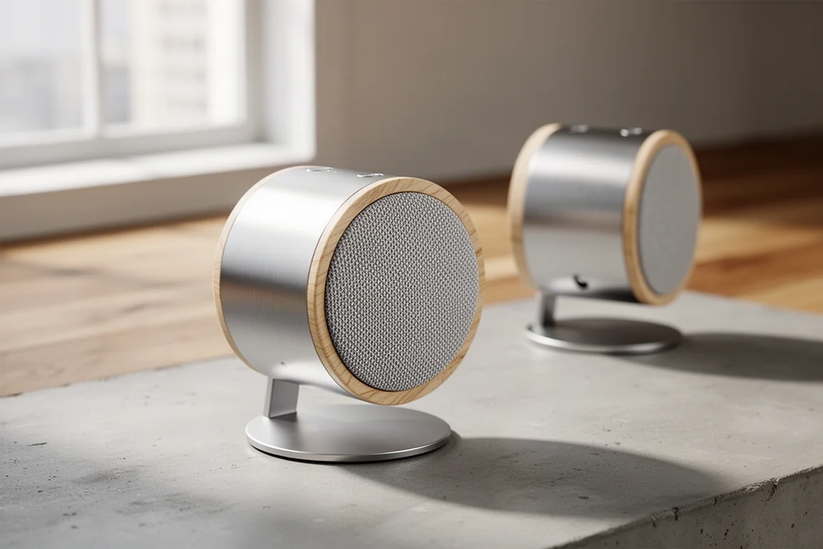 Compact three-way wireless speaker in aluminium and oak on a table stand