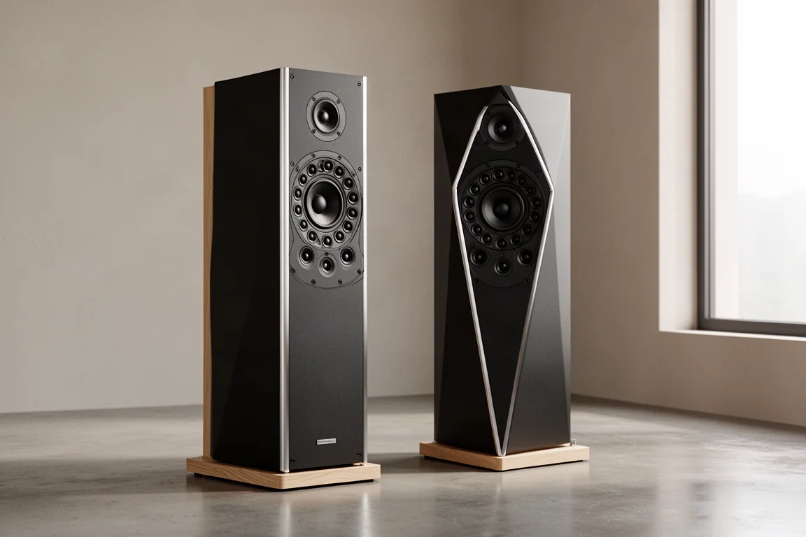 Pair of tall faceted fabric floorstanding loudspeakers with aluminium frames on concrete floor