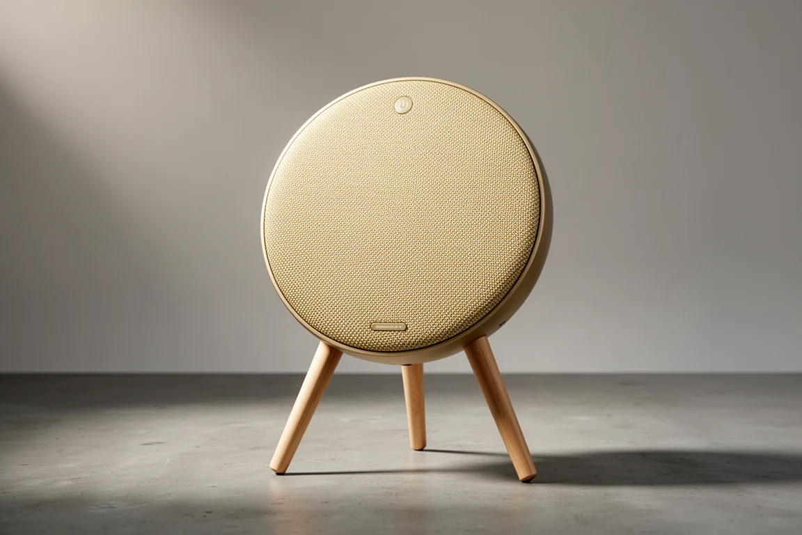 Disc-shaped wireless speaker with pale gold fabric grille on three wooden tripod legs
