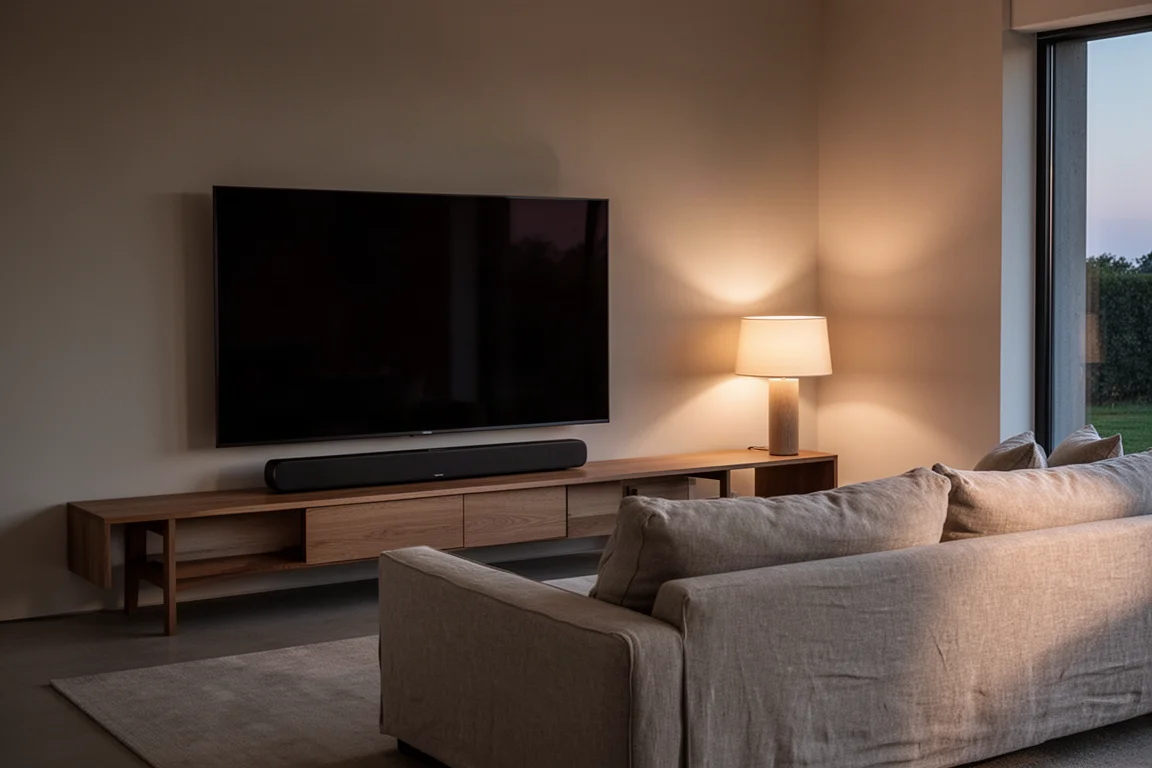 Spacious living room at dusk with a wide low soundbar beneath a large dark screen