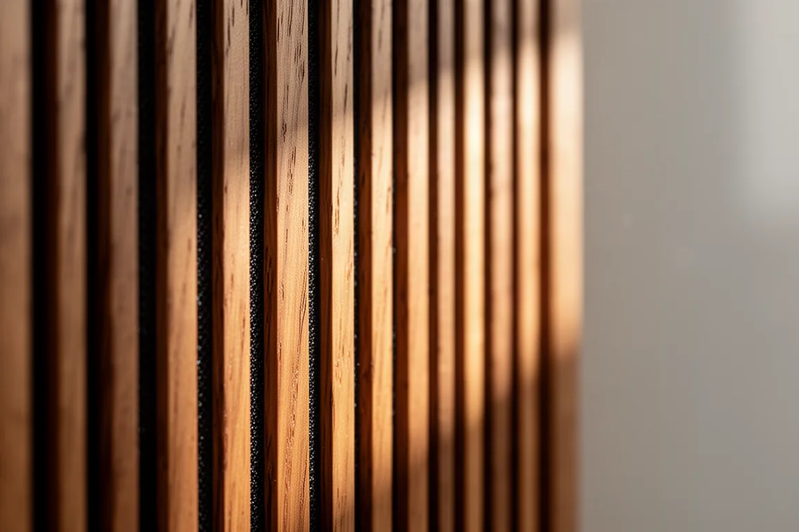Close-up of a wood slat speaker grille with warm light raking across the surface