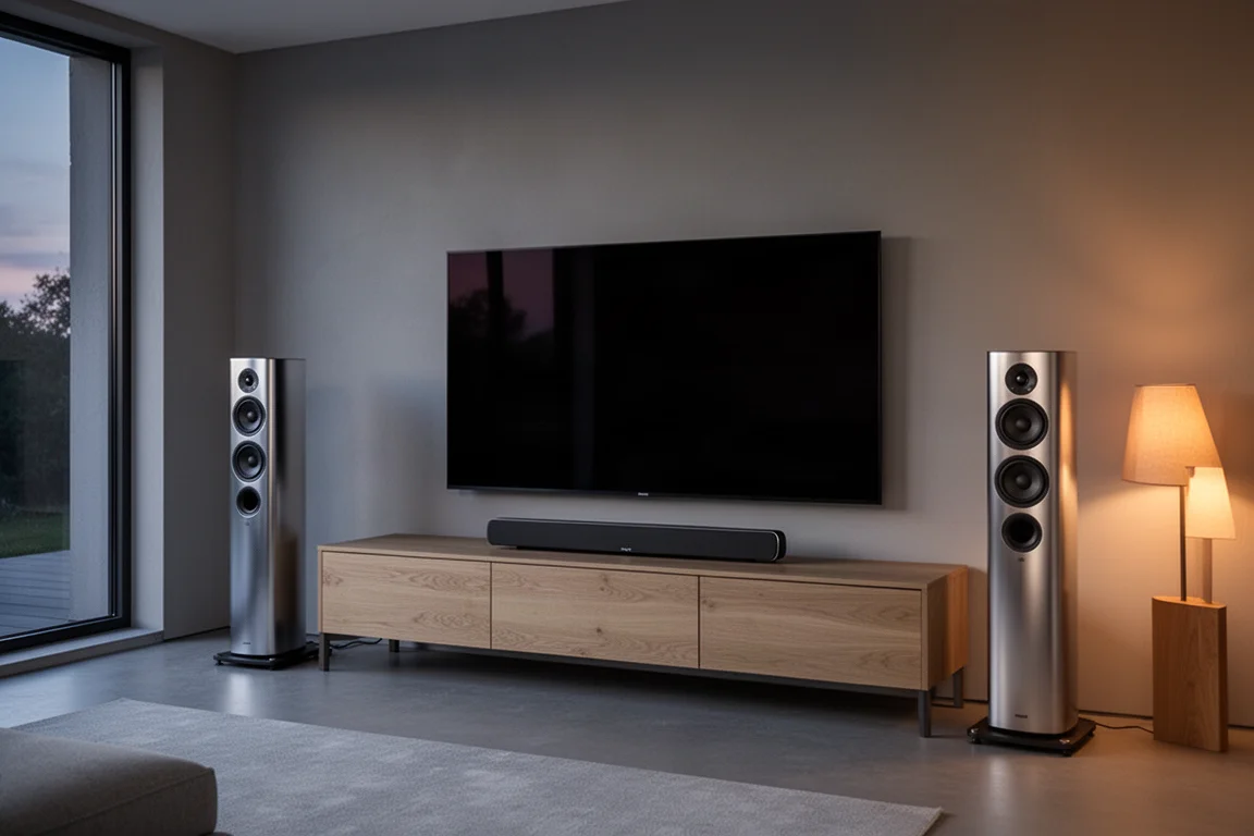 Minimalist living room with a slim soundbar and two tall floorstanding speakers