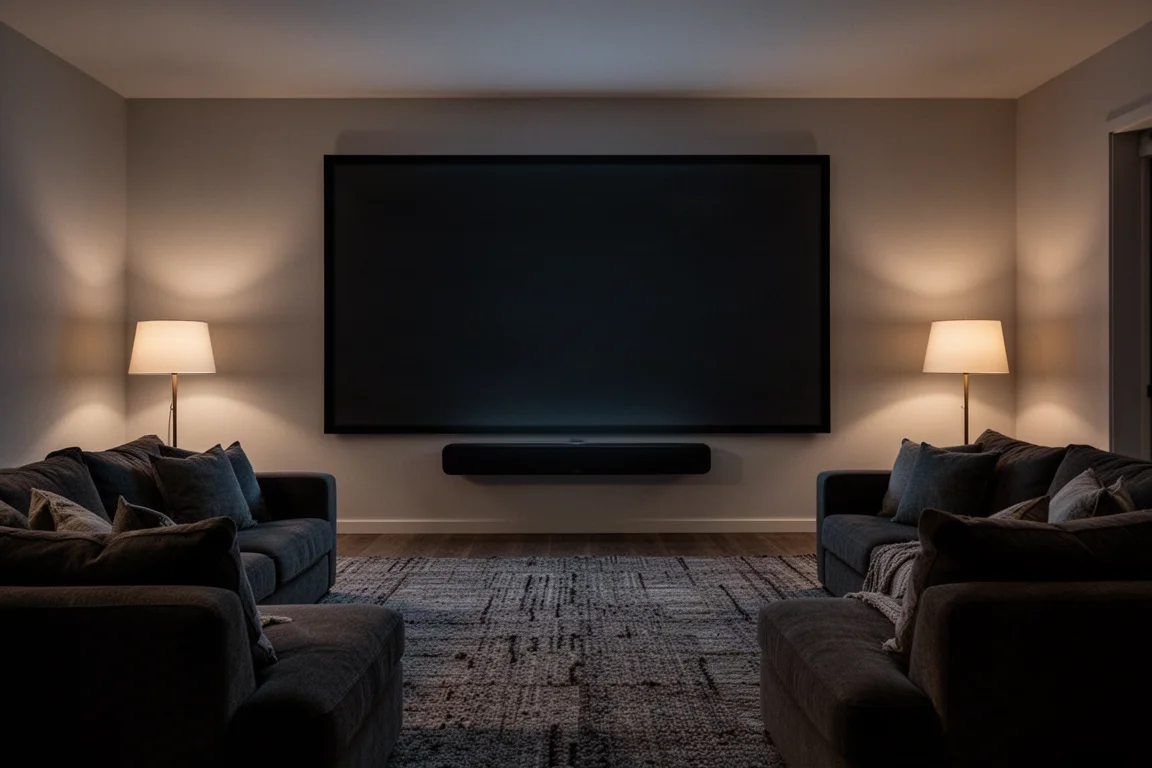 Living room at night arranged for film viewing with soft pools of warm light