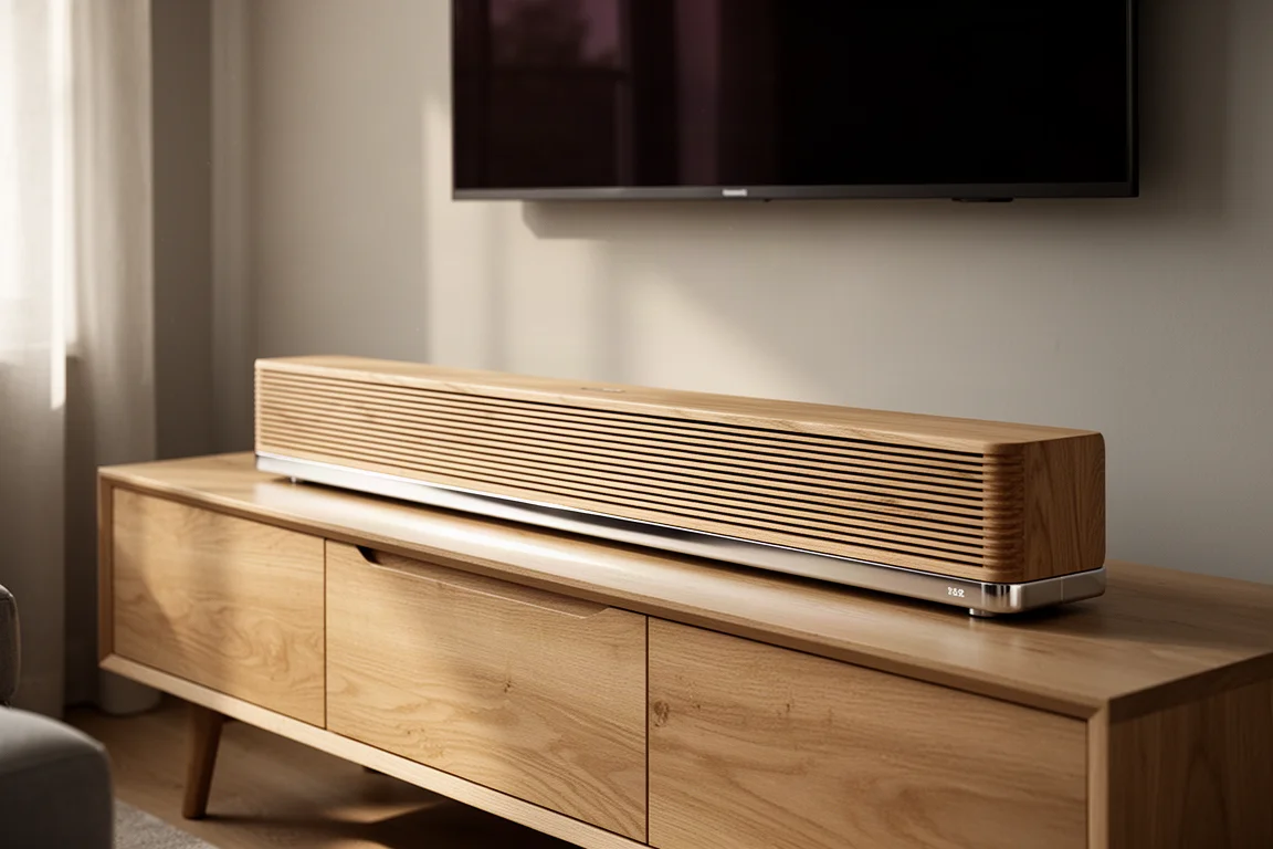 Long wood-slat soundbar on a minimalist media console in a softly lit living room
