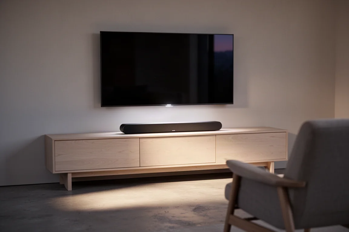 Soundbar bassa su un mobile in legno in un soggiorno moderno illuminato dal crepuscolo