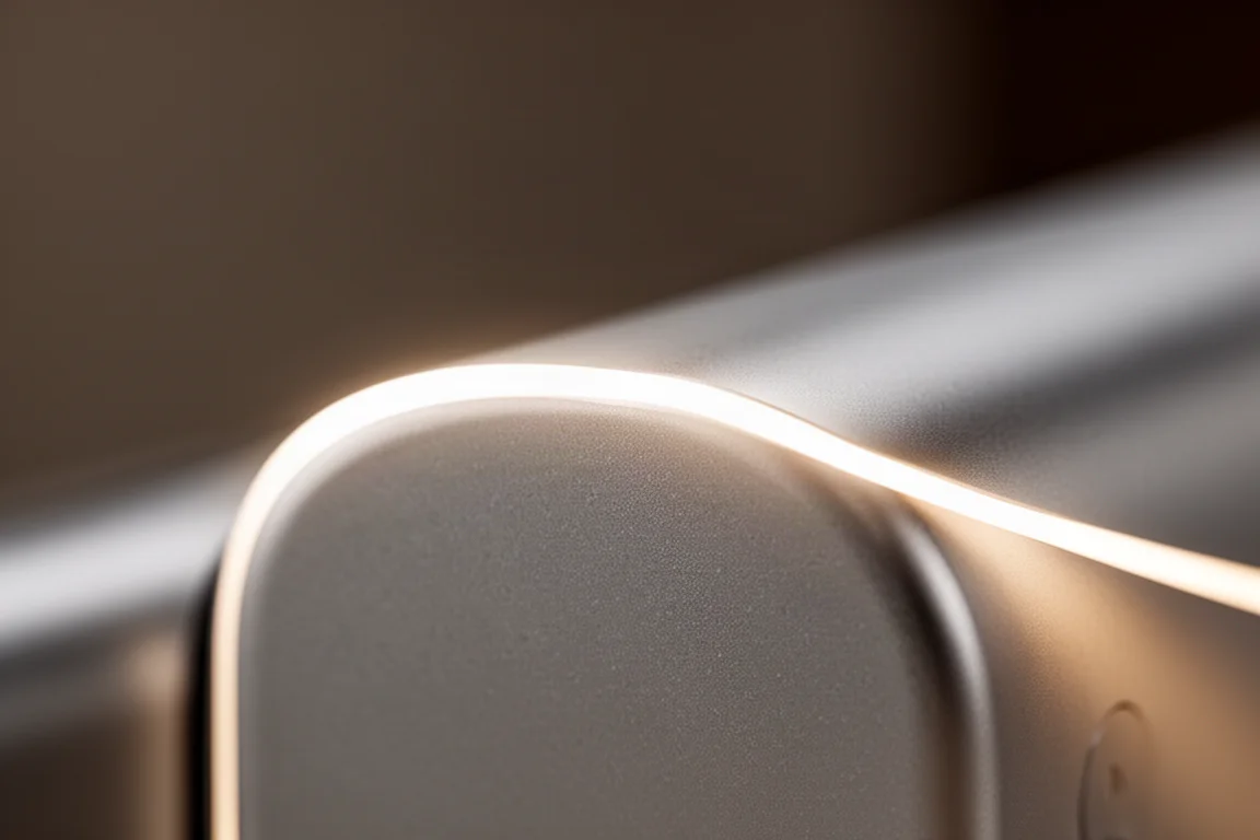Primo piano della fascia luminosa lungo il bordo superiore in alluminio di una soundbar