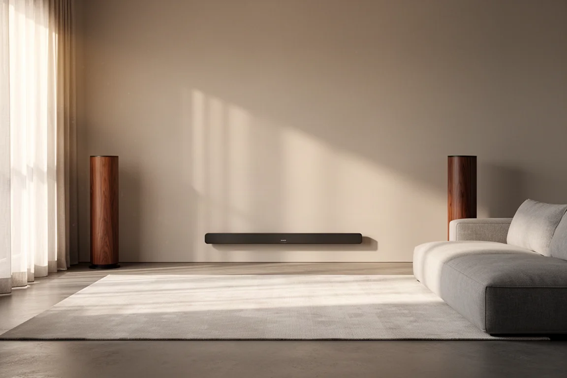 Soggiorno con soundbar centrale e due diffusori posteriori agli angoli in luce diurna