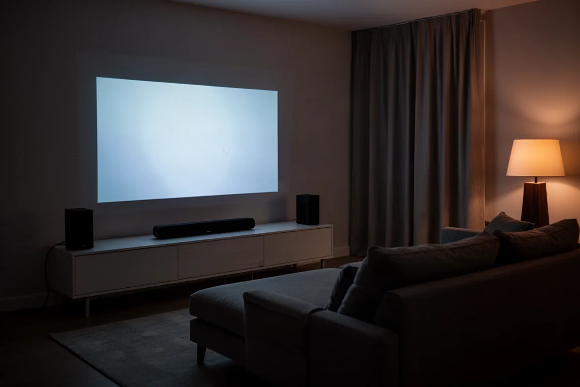 Soggiorno in penombra di notte con la silhouette di una soundbar e il bagliore soffuso dello schermo