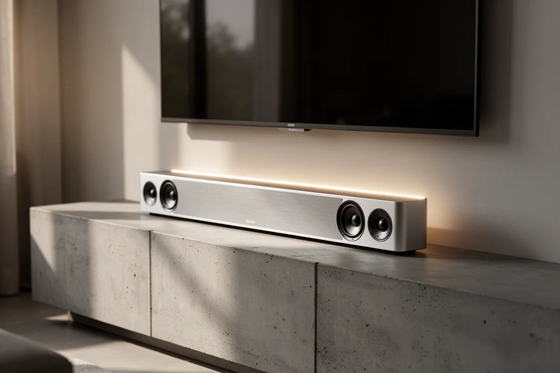 Slim aluminium soundbar with exposed drivers on a concrete console beneath a wall-mounted TV