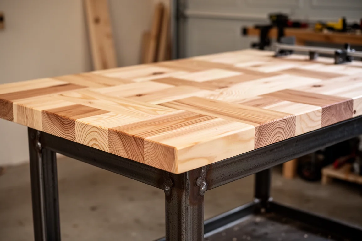 Interlaced pine workbench top in a garage workshop with soft window light