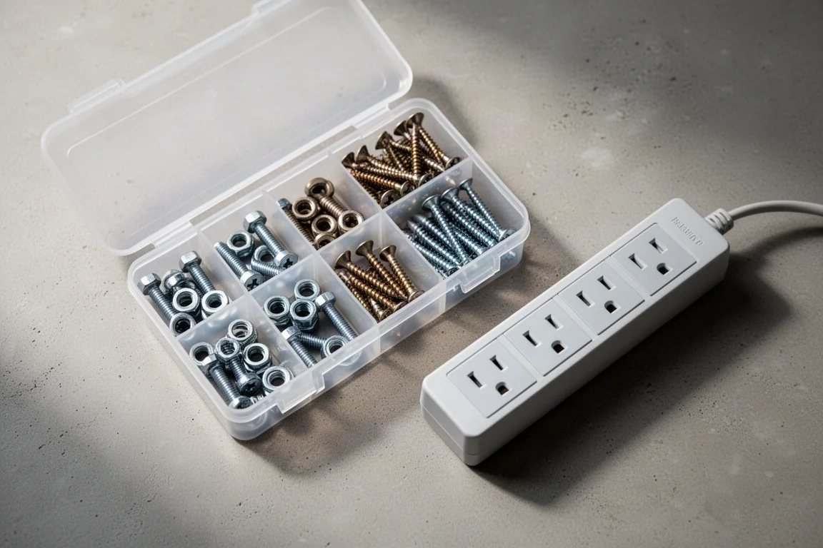 Organized hardware tray with bolts, nuts, and a small power strip on a workshop floor