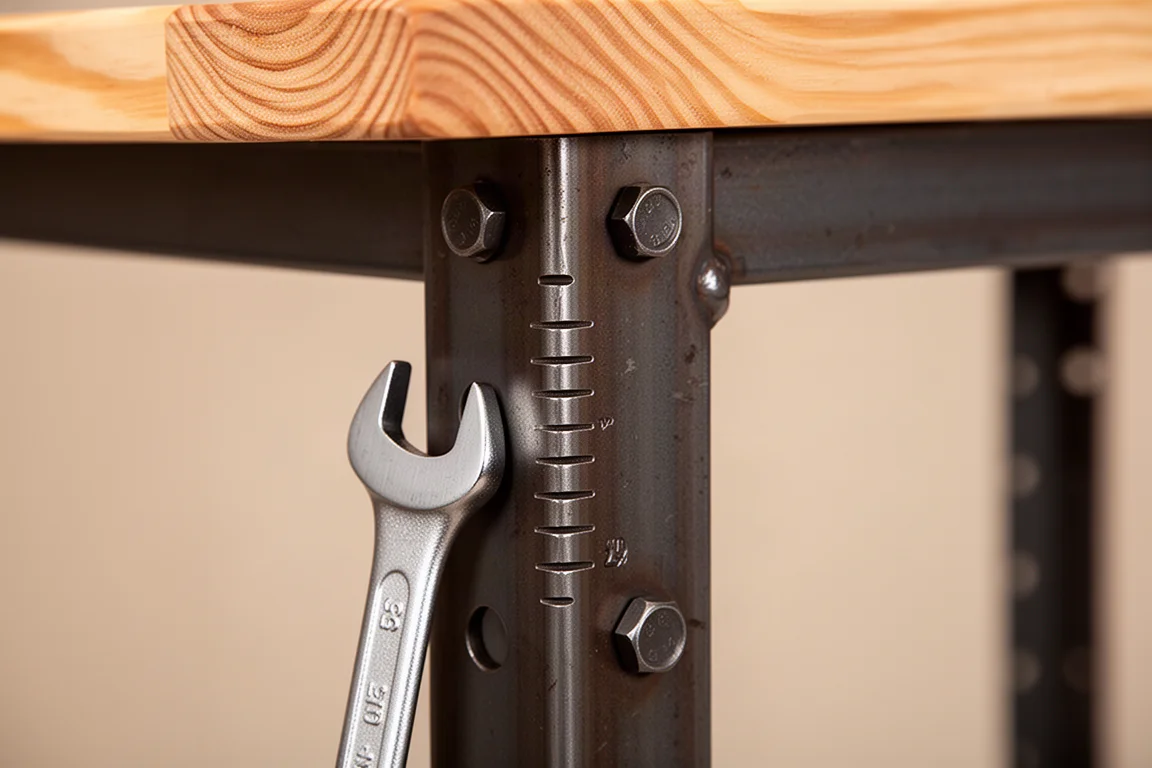 Close-up of an adjustable workbench leg with hex bolts and a half-inch wrench