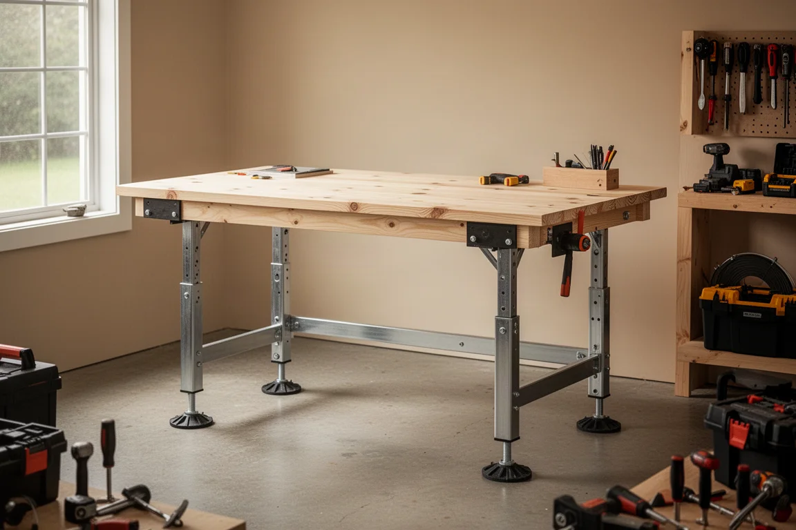 Finished workbench set up as a desk workspace with lighting and tools nearby