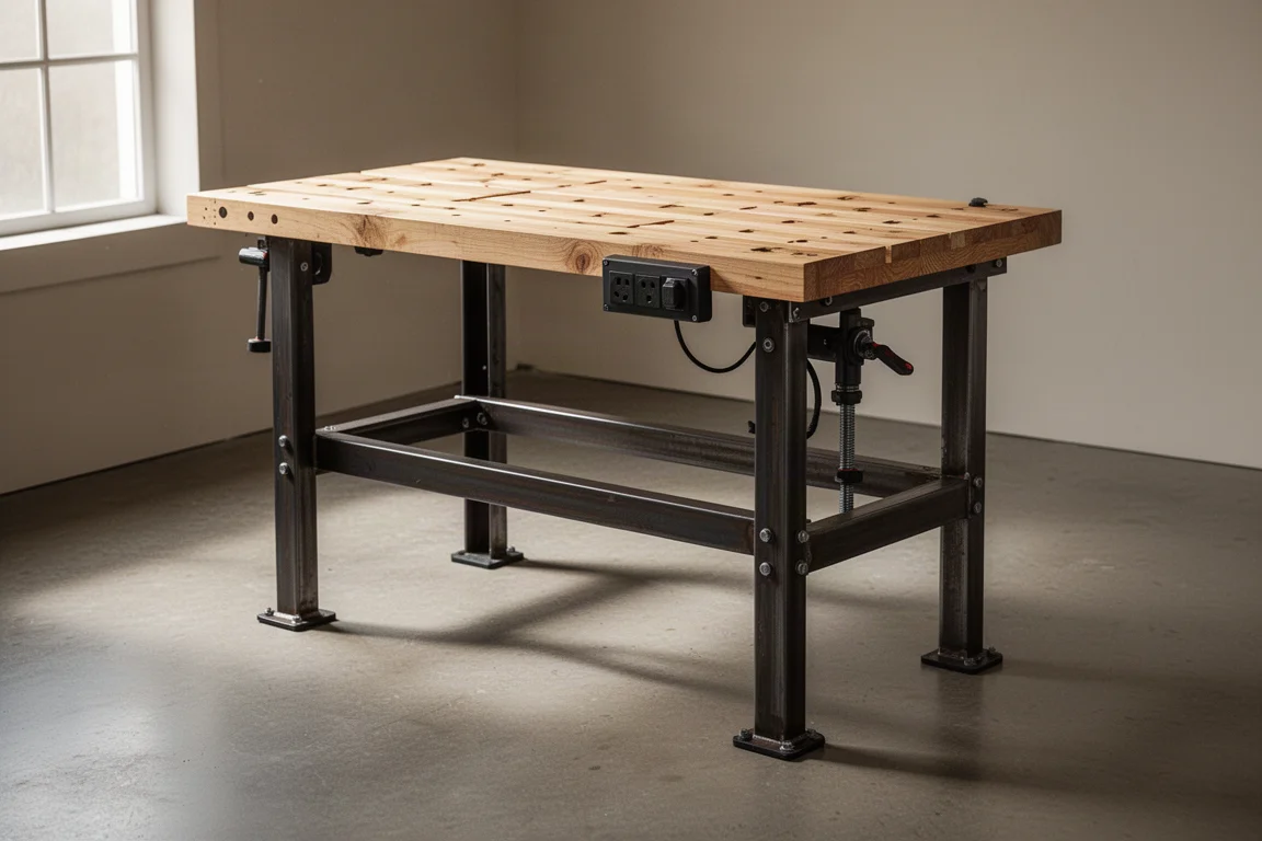 Wooden workbench with pine top, steel legs, and power strip in a workshop