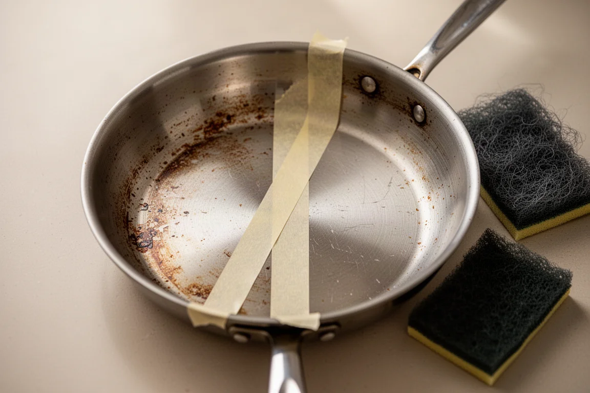 Panela de aço inoxidável com uma fita no meio dividindo duas metades limpas