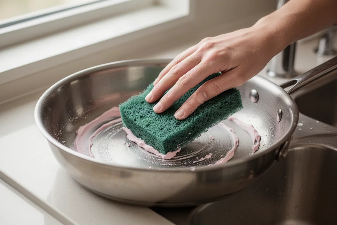 Mão esfregando o interior de uma panela de aço inoxidável com uma esponja