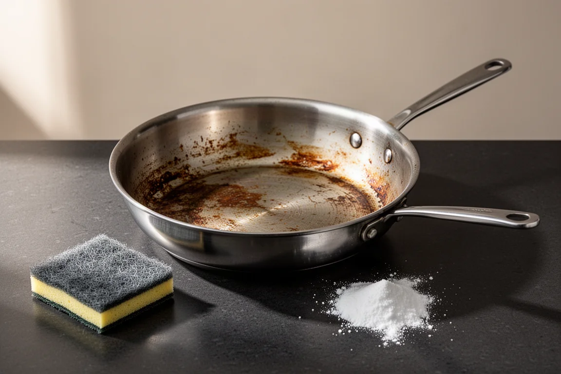 Panela de aço inoxidável com manchas antigas resistentes e uma esponja no balcão